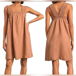 EVERLANE The Smocked Linen Dress Sleeveless Tawny Brown Oversized Sz XS